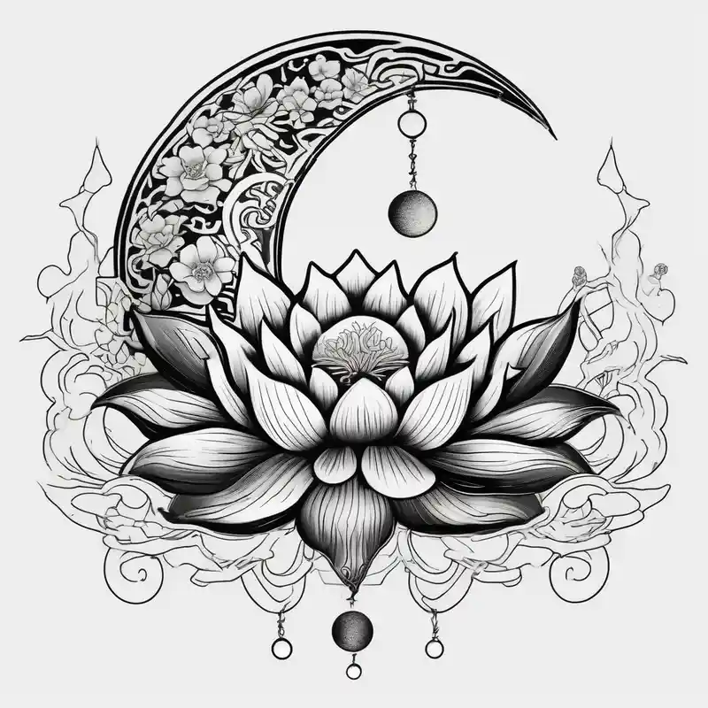 crescent floral moon with lotus flower glowing floral sleeve tattoo – Japanese, Black and white